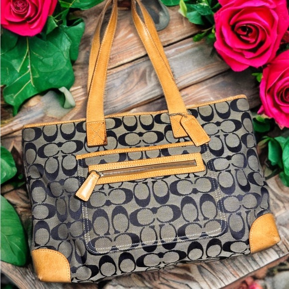 Coach Blue & Grey Signature Canvas Tote w/ Light Brown Trim - Picture 1 of 14